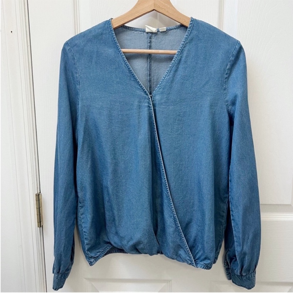 Gap Long Sleeve Wrap Top in Tencel Chambray Blue